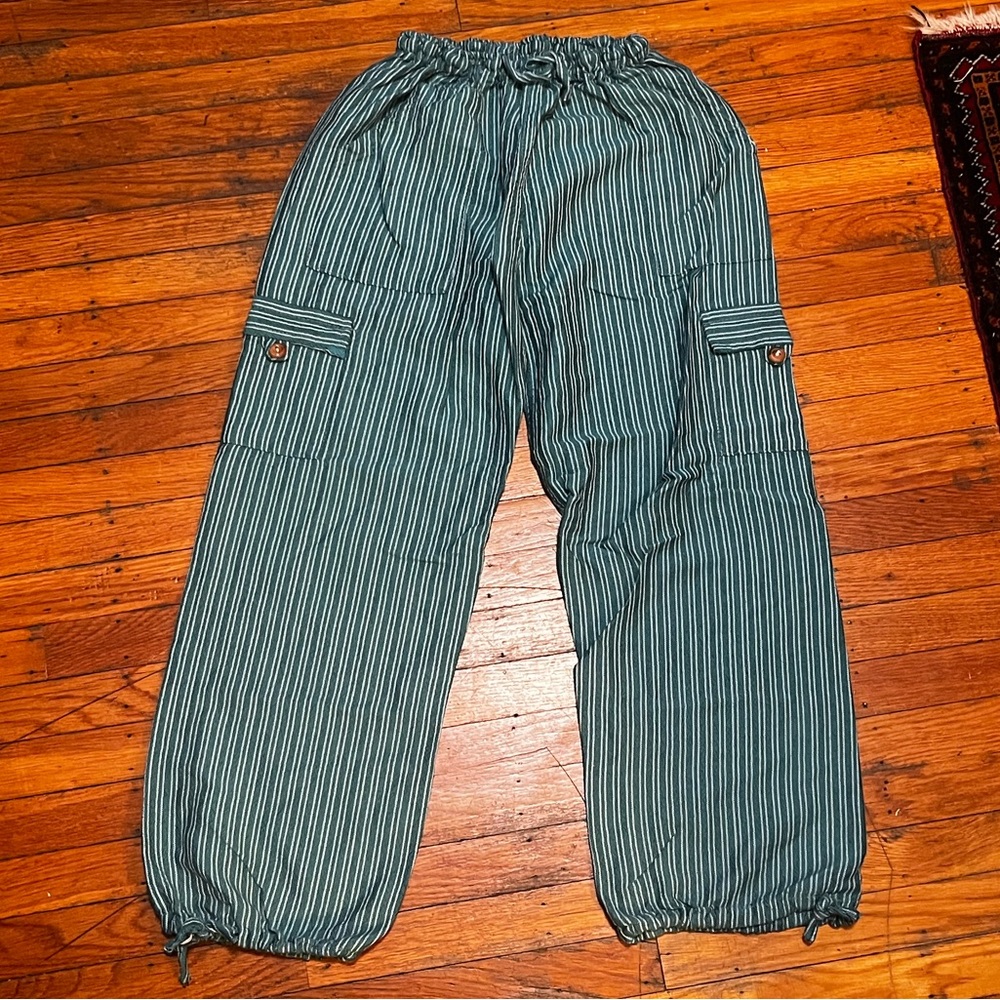 Teal & White Striped Cotton Peruvian Pants